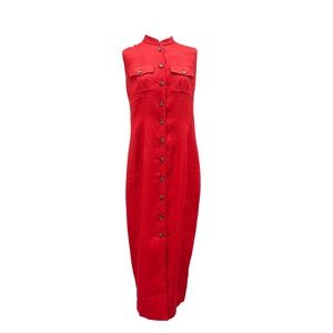 Mandarin Collar Linen Utility Dress in Red